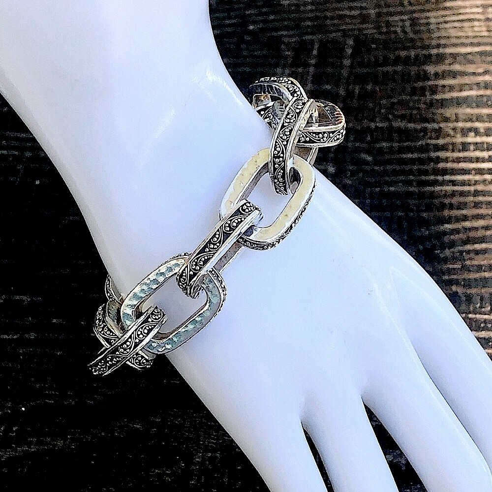 Lois Hill Sterling Silver Granulated Hammered Oval Link Hidden Clasp Bracelet 895$